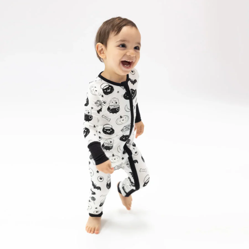 2 Way Zipper Romper - Black and White Halloween Glow in the Dark