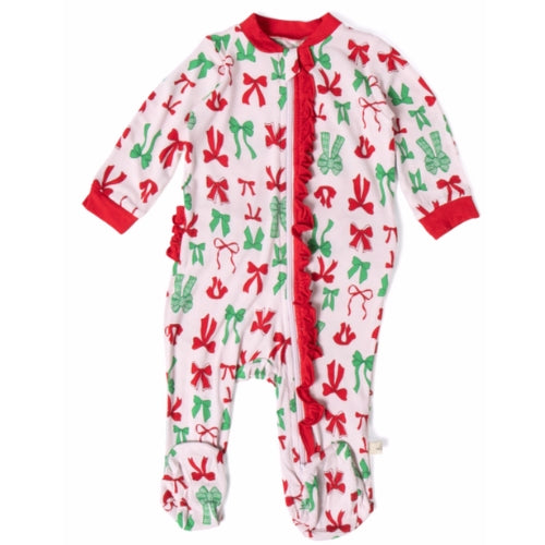 Holly Jolly Bows Ruffle Bamboo Footie