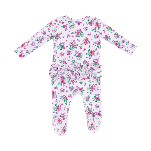 2 Way Zipper Ruffle Front Footie - Preppy Roses