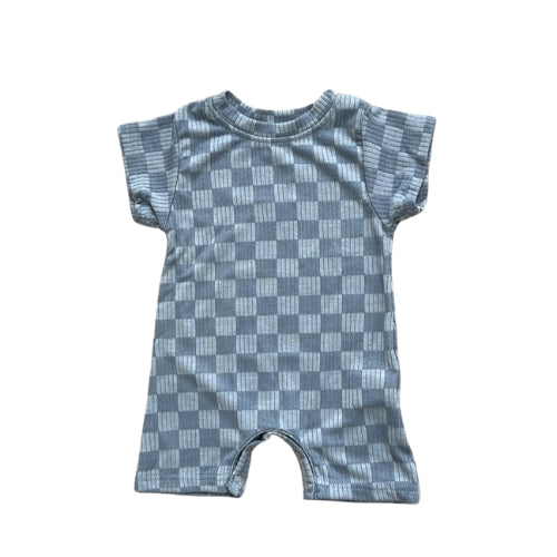 Blue Checkered Ribbed Shortie Romper