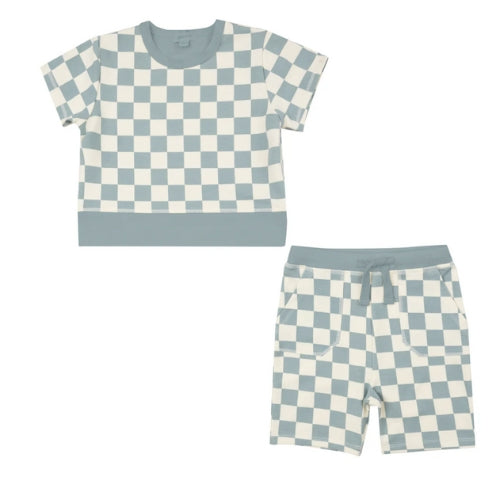 French Terry Crew Neck + Everyday Short Set - Checkerboard Gray Mist