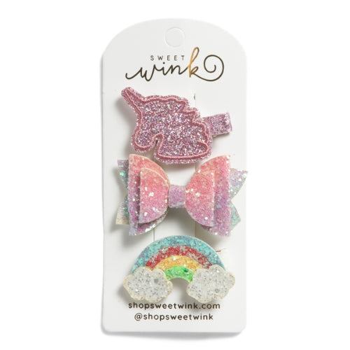 Unicorn Rainbow 3 Piece Hair Bow Clip Set