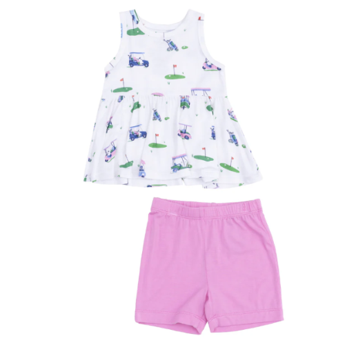 Peplum Tank Top and Bike Short - Vintage Golf Carts Pink