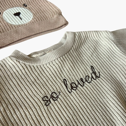 So Loved Bear Knit Romper, Hat and Beanie Set
