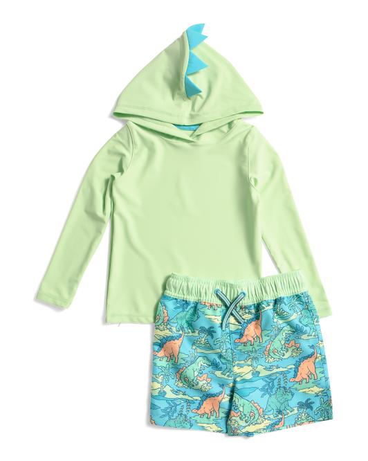 Boys Long Sleeve Dinosaur Hooded Rash Guard and Swim Trunks Set