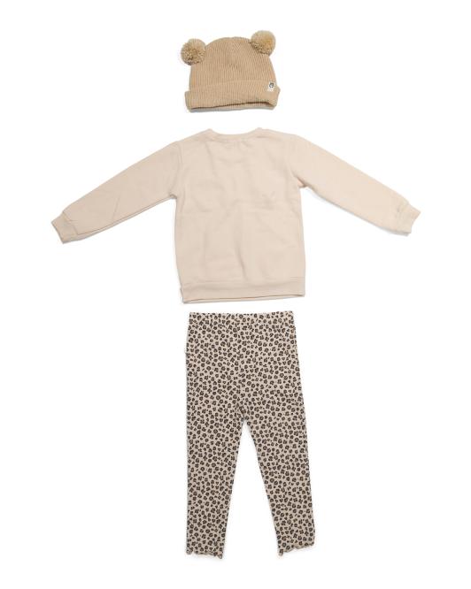 Girls Leopard Bow Sweatshirt, Leggings & Hat Set