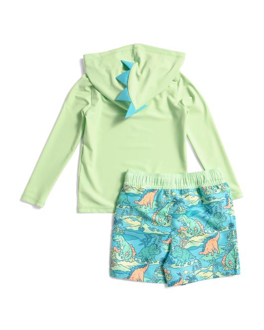 Boys Long Sleeve Dinosaur Hooded Rash Guard and Swim Trunks Set