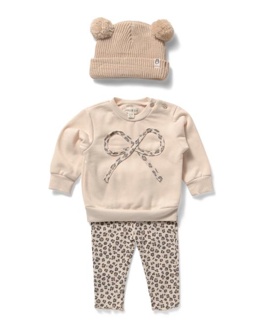 Baby Girl Leopard Bow Sweatshirt, Leggings & Hat Set