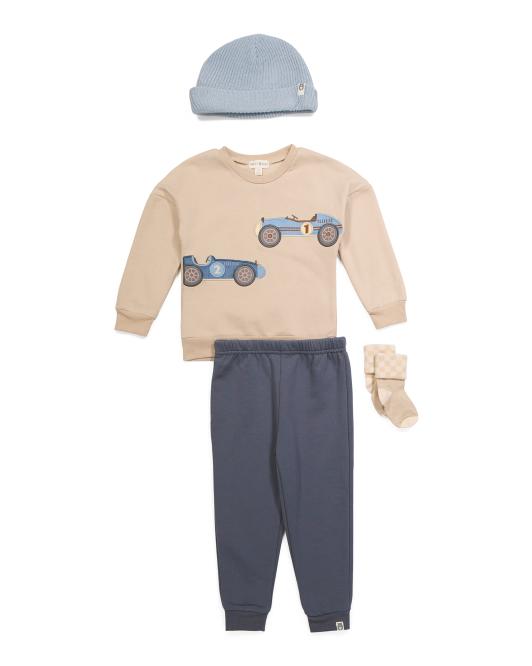 Boys Racecar 4-Piece Set – Sweatshirt, Joggers, Beanie & Socks